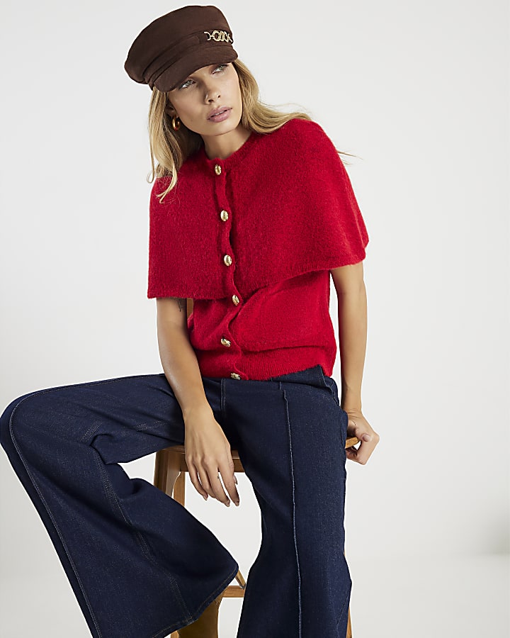 Red Knit Short Sleeve Cape Jumper