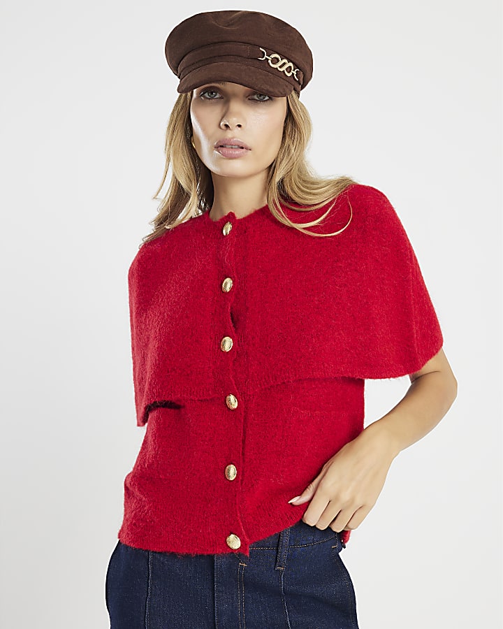 Red Knit Short Sleeve Cape Jumper