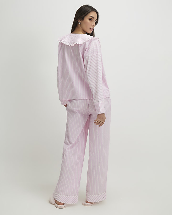 Pink Oversized Collar Striped Pyjama Set
