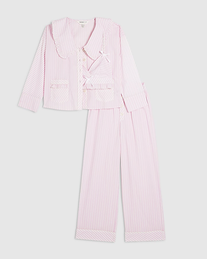 Pink Oversized Collar Striped Pyjama Set