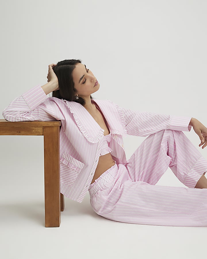 Pink Oversized Collar Striped Pyjama Set