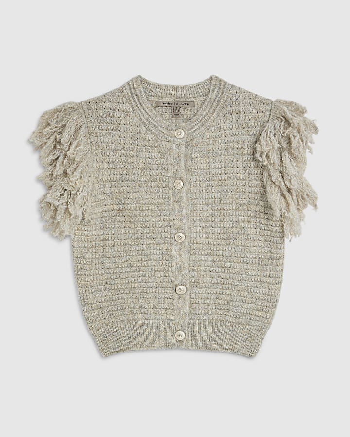 Cream Short Sleeve Fringed Button Up Cardigan