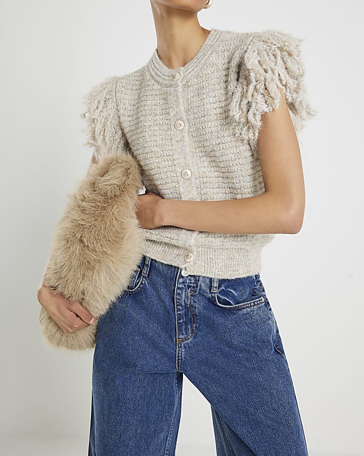 Cream Short Sleeve Fringed Button Up Cardigan