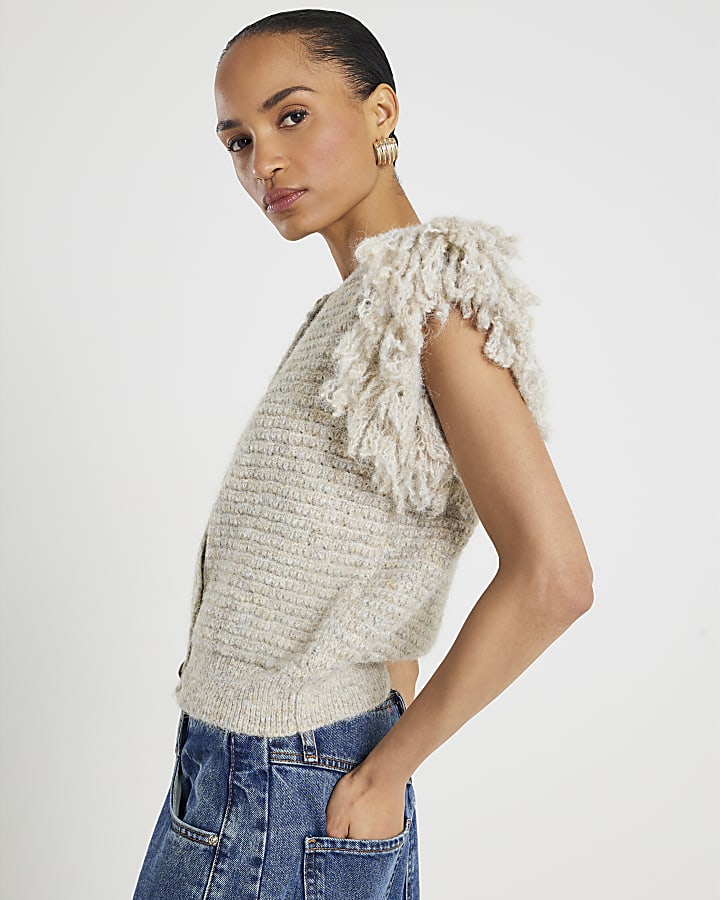 Cream Short Sleeve Fringed Button Up Cardigan