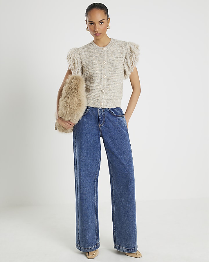 Cream Short Sleeve Fringed Button Up Cardigan