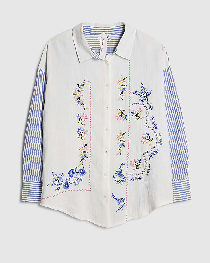 White Embroidered Patchwork Stripe Shirt