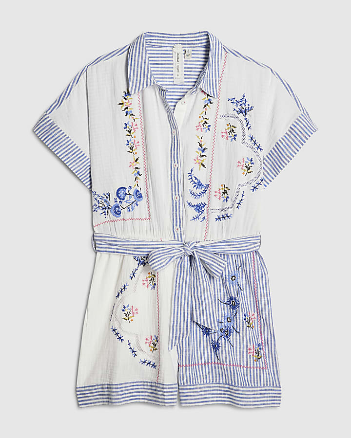 White Embroidered Patchwork Stripe Playsuit