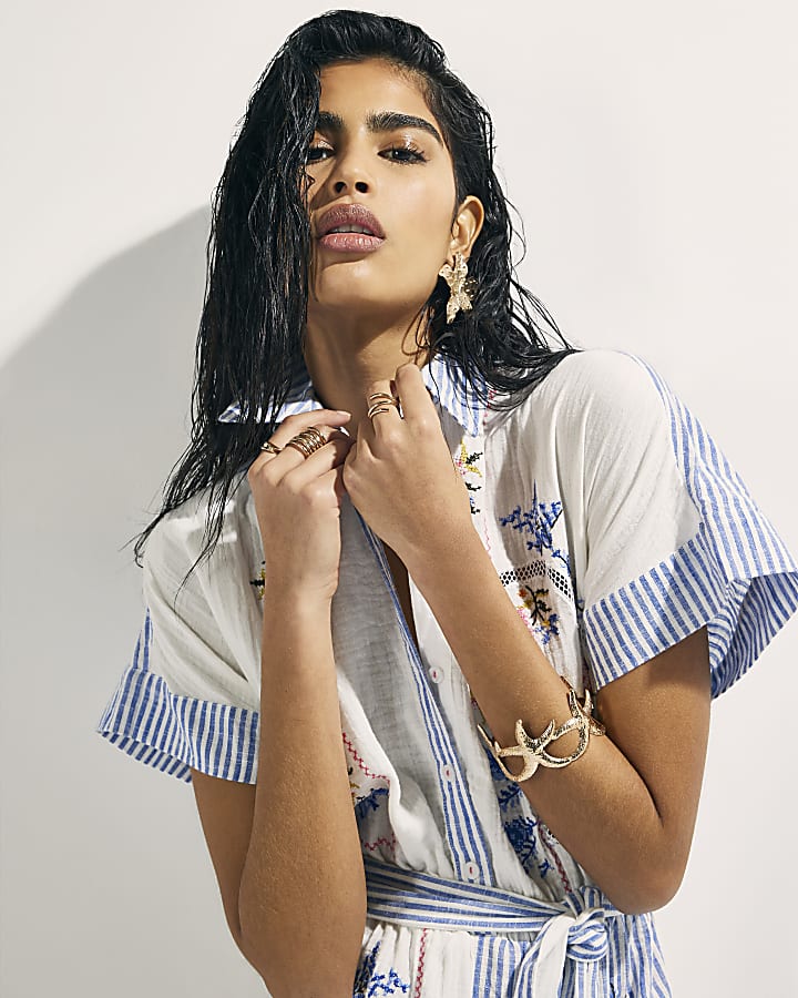 White Embroidered Patchwork Stripe Playsuit