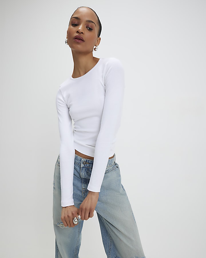 White Cotton Long Sleeve Fitted Top River Island