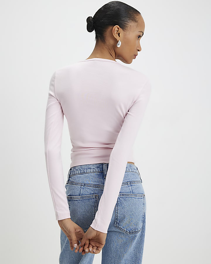 Pink Cotton Long Sleeve Fitted Top