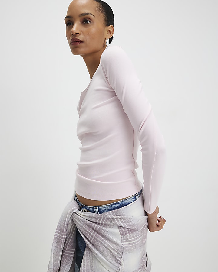 Pink Cotton Long Sleeve Fitted Top