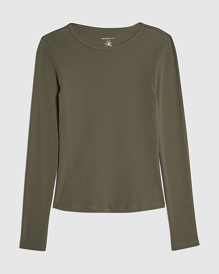 Khaki Cotton Long Sleeve Fitted Top