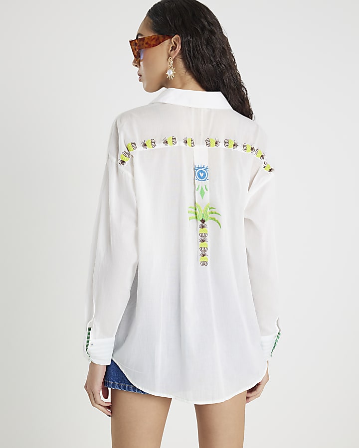 White Palm Tree Embroidered Shirt