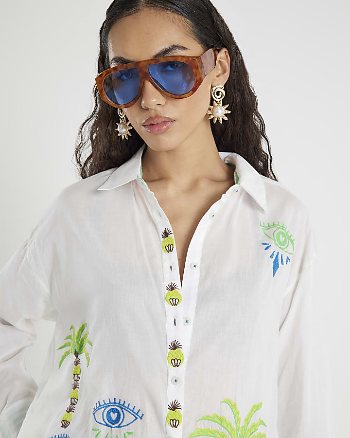 White Palm Tree Embroidered Shirt