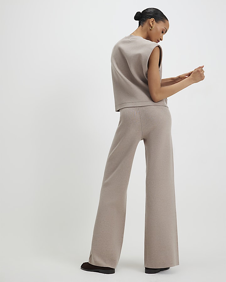 Beige Knitted Wide Leg Trousers