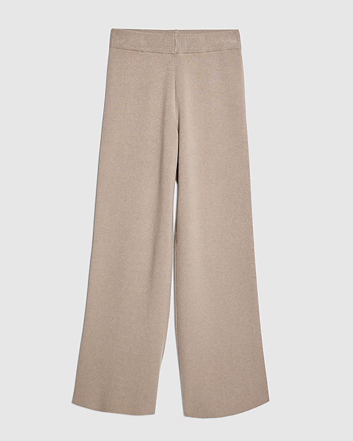 Beige Knitted Wide Leg Trousers