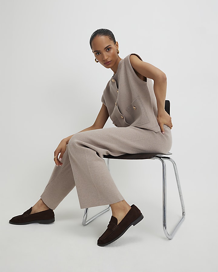 Beige Knitted Wide Leg Trousers