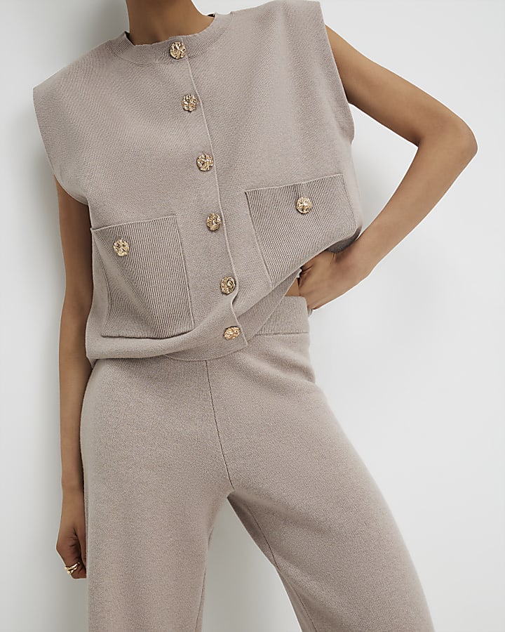 Beige Knitted Wide Leg Trousers