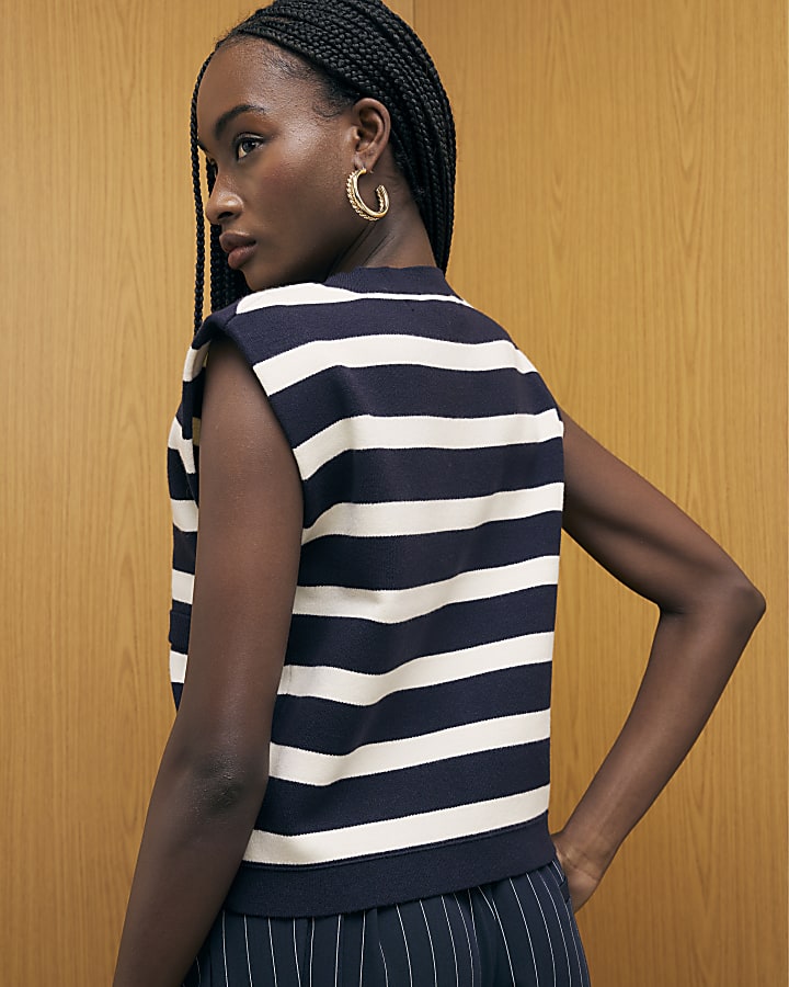Navy Knitted Striped Waistcoat