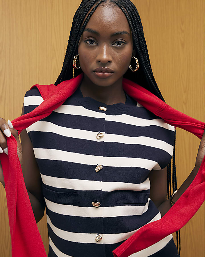 Navy Knitted Striped Waistcoat
