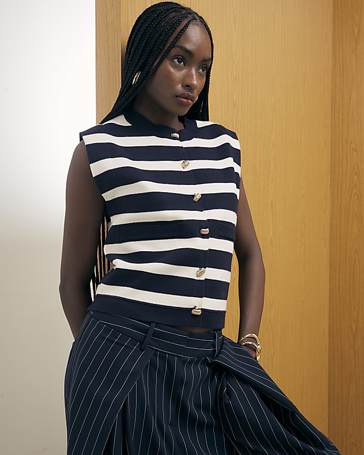 Navy Knitted Striped Waistcoat