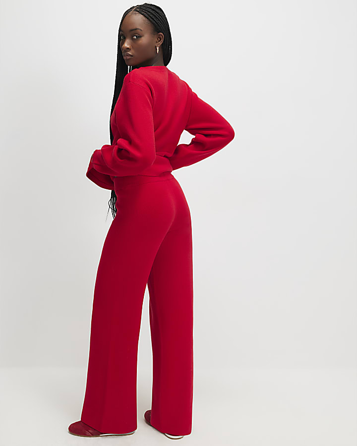 Red knitted wide leg trousers