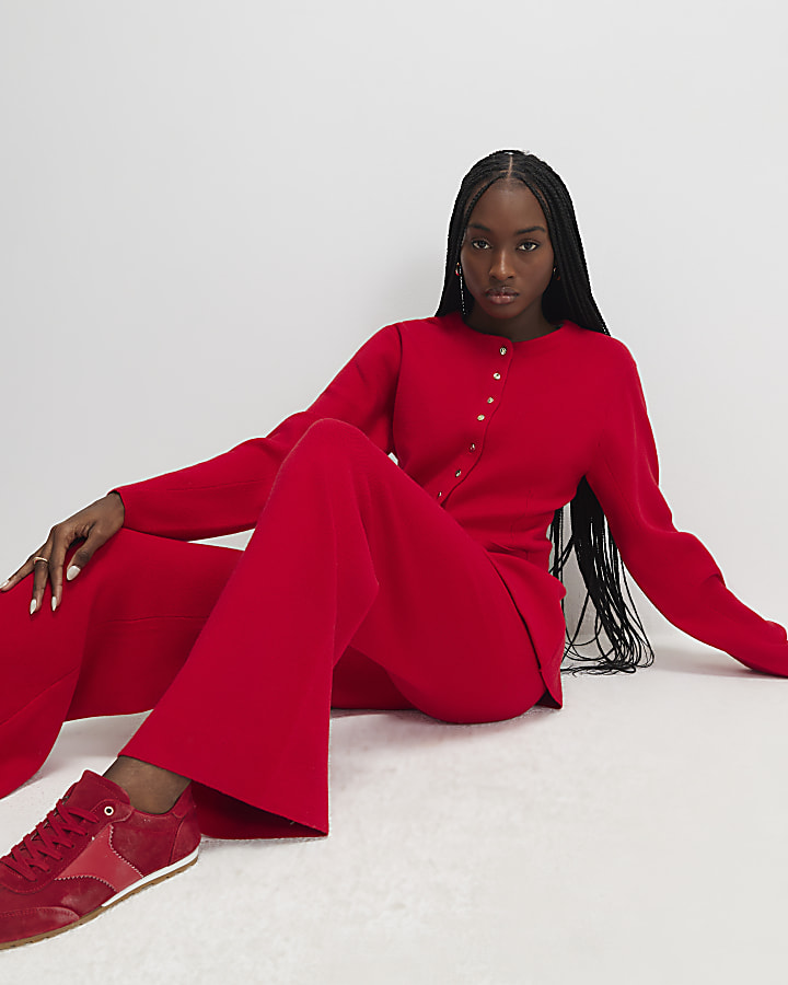 Red knitted wide leg trousers
