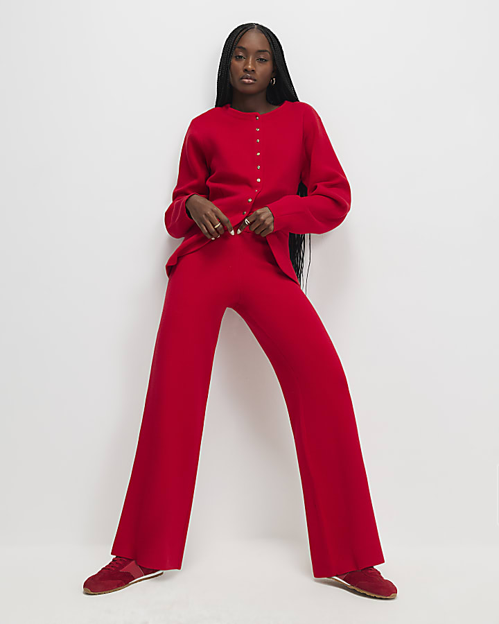 Red knitted wide leg trousers