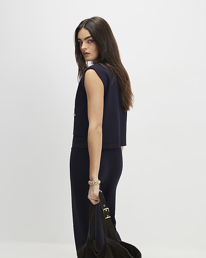 Navy knitted wide leg trousers