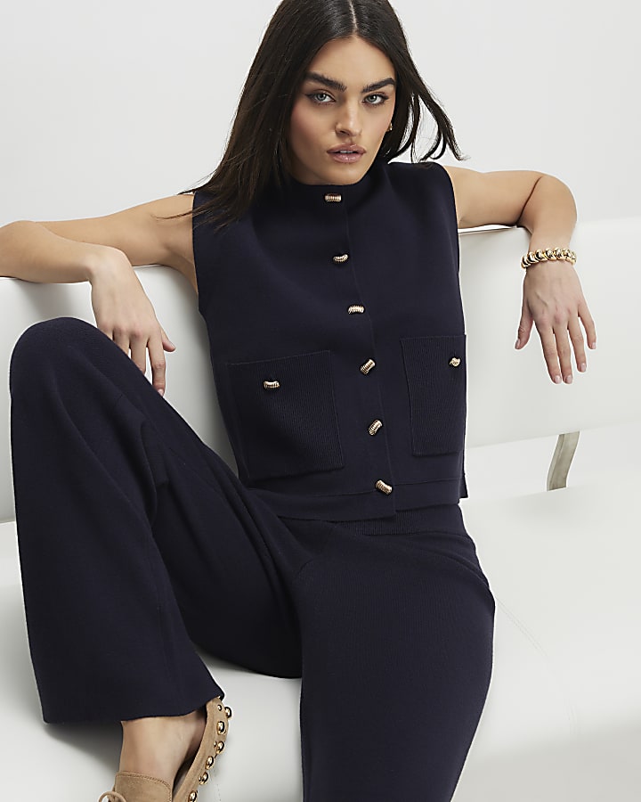Navy knitted wide leg trousers