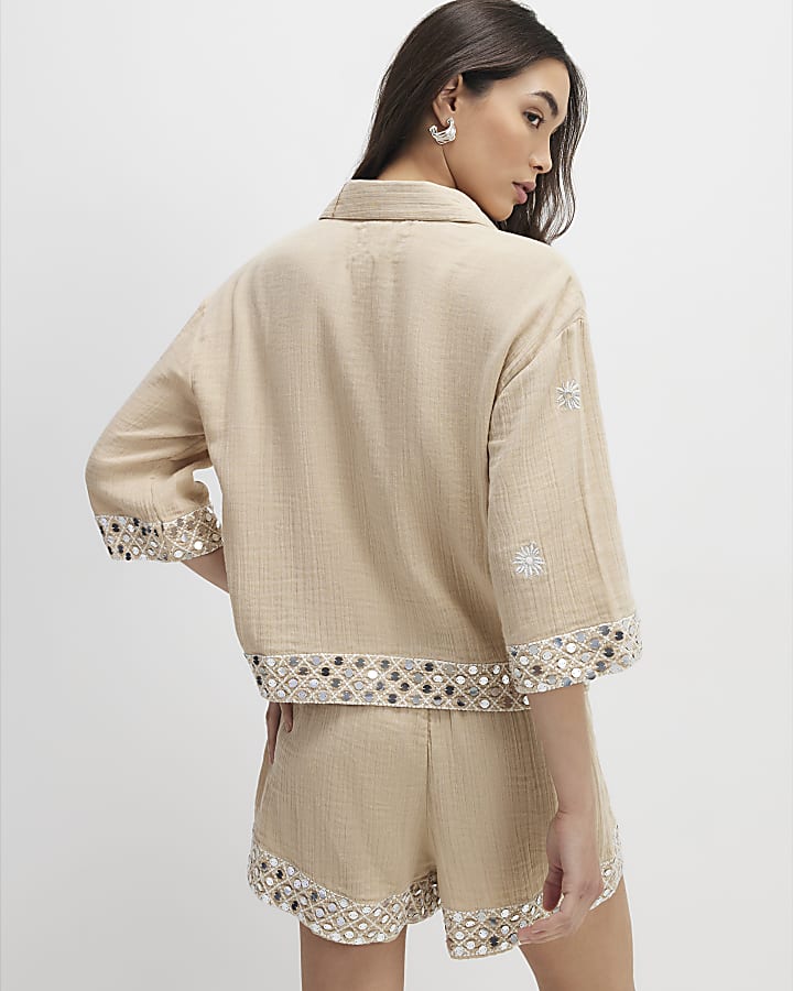 Beige Sequin Embellished Beach Shirt