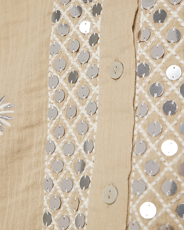 Beige Sequin Embellished Beach Shirt