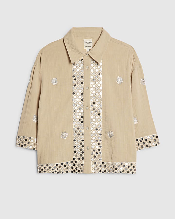 Beige Sequin Embellished Beach Shirt