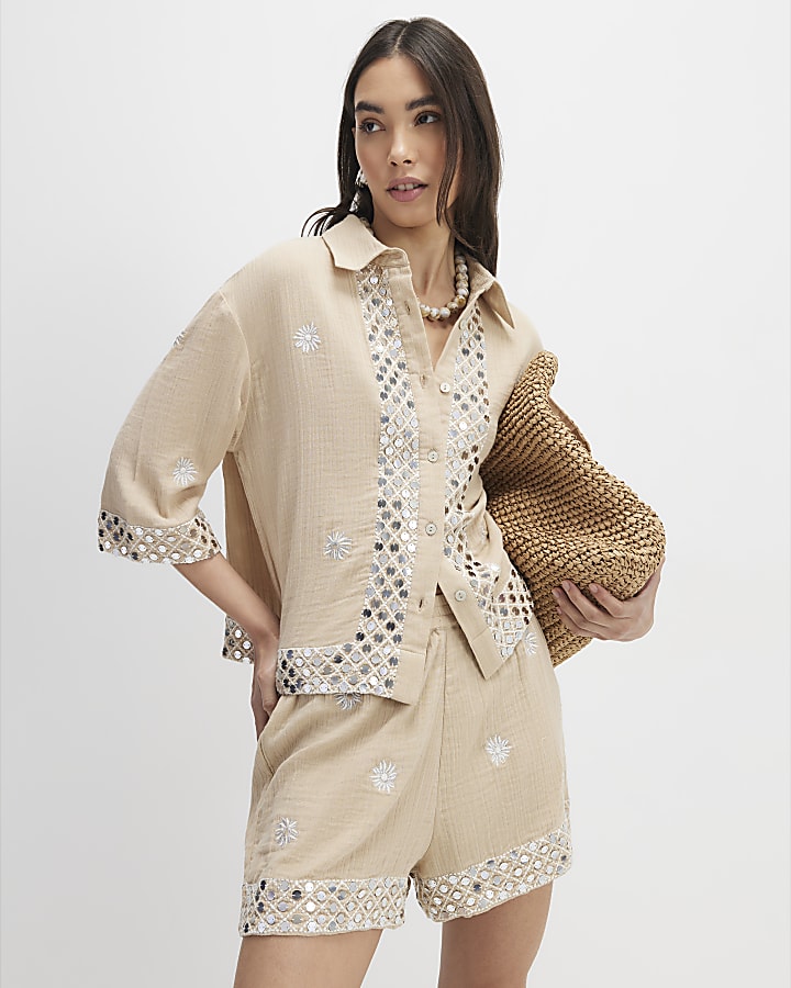 Beige Sequin Embellished Beach Shirt