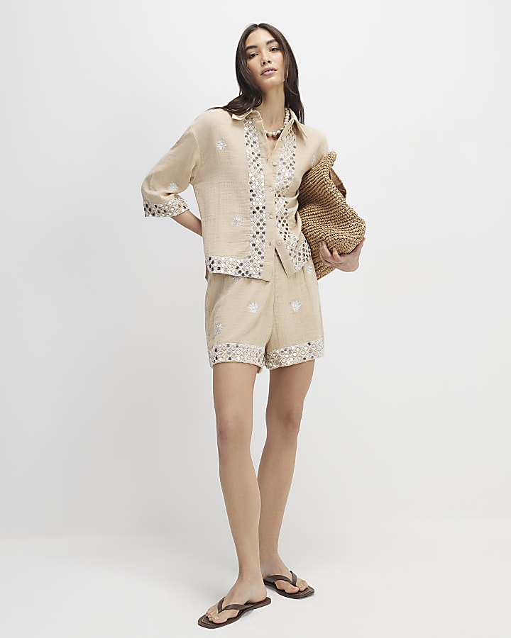Beige Sequin Embellished Beach Shirt