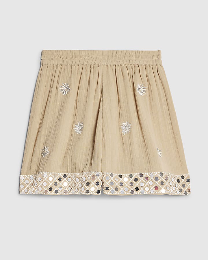 Beige Sequin Embellished Beach Shorts