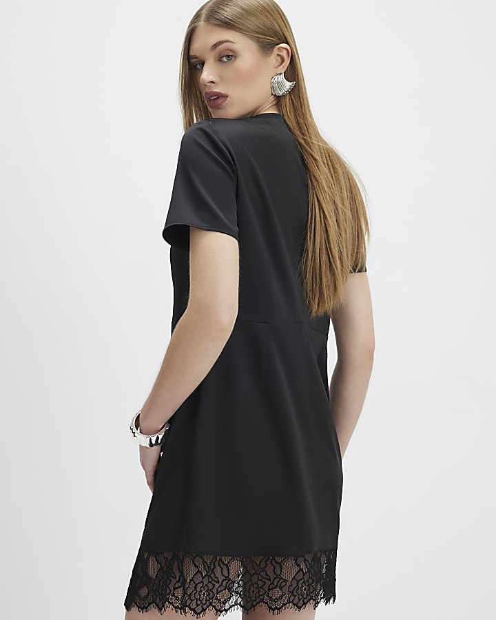 Black Lace Trim Side Twist Mini Dress