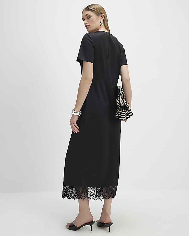 Black Lace Trim Side Twist Midi Dress