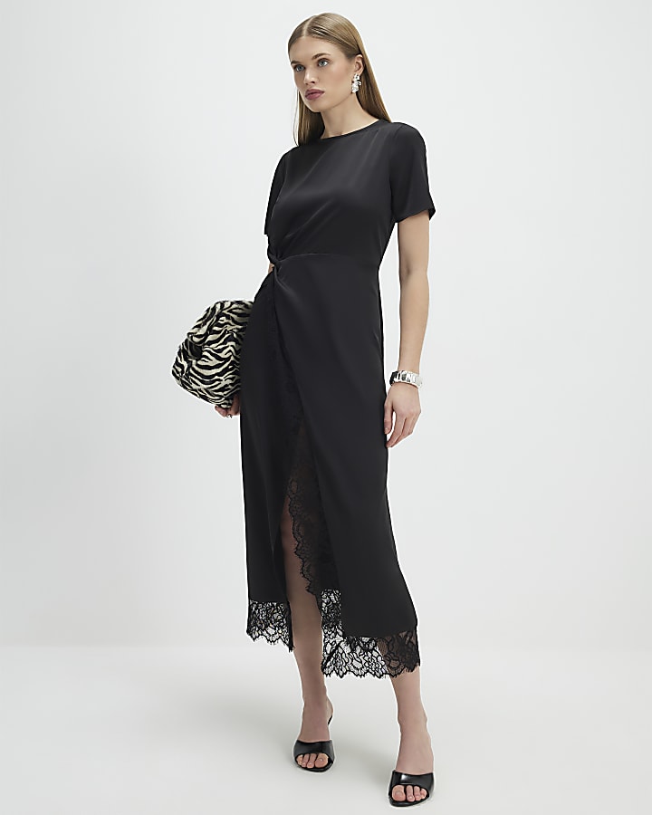 Black Lace Trim Side Twist Midi Dress