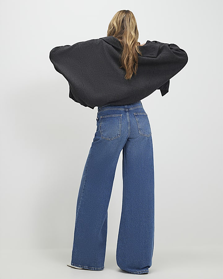 Blue Turned Down Waist Wide Leg Jeans