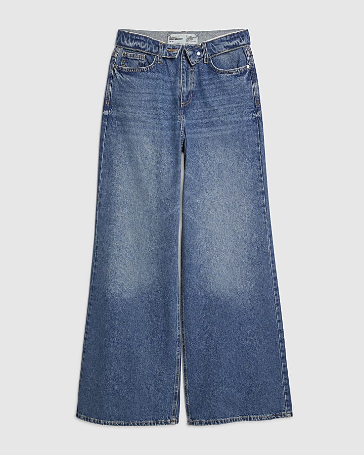 Blue Turned Down Waist Wide Leg Jeans