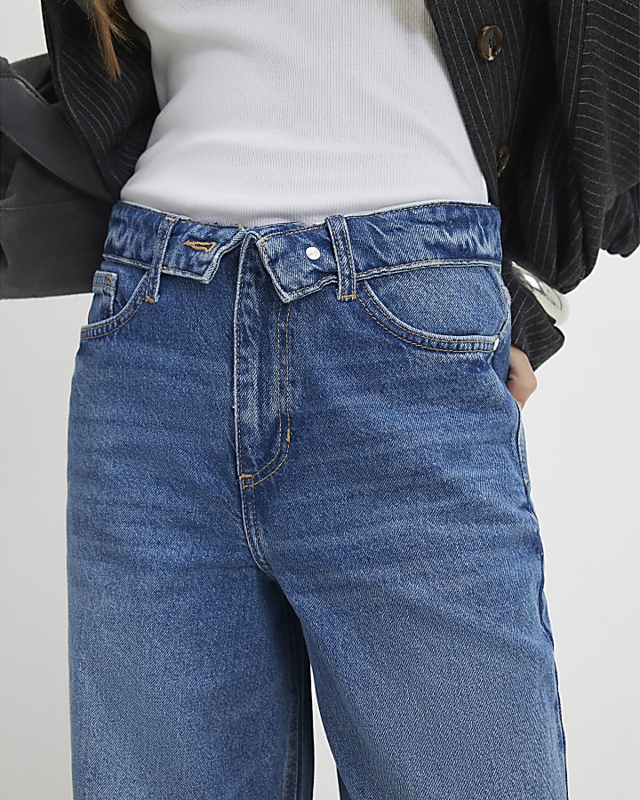 Blue Turned Down Waist Wide Leg Jeans