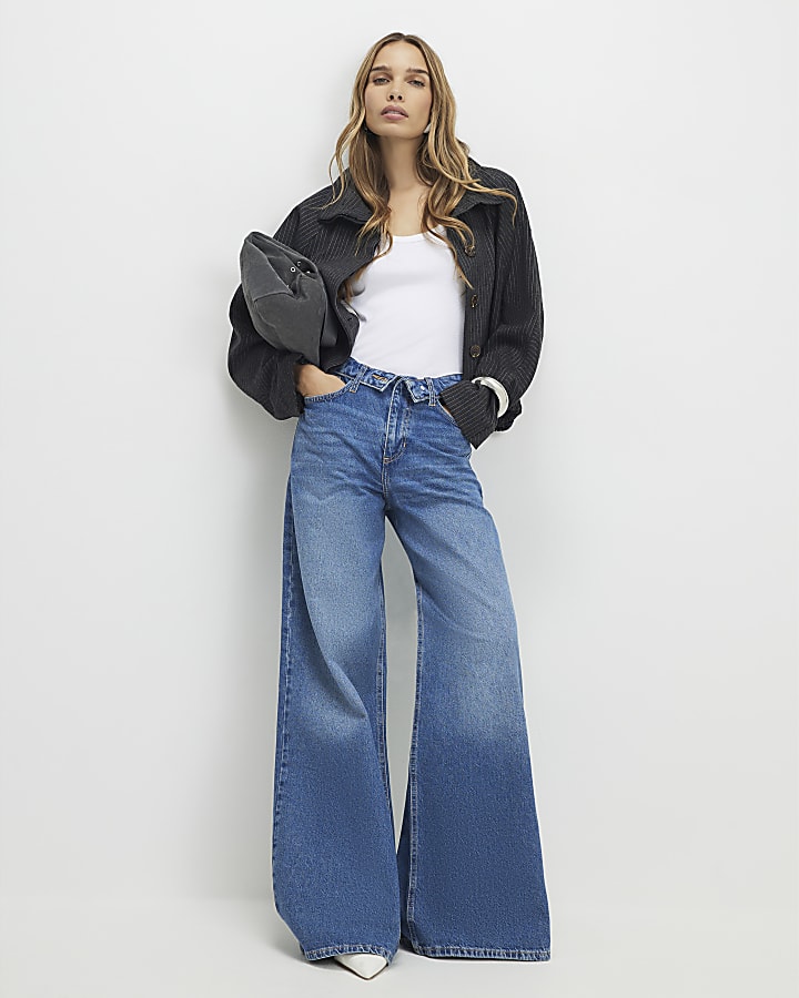 Blue Turned Down Waist Wide Leg Jeans