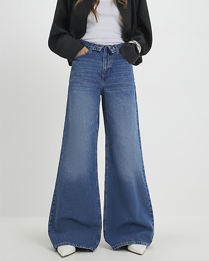 Blue Turned Down Waist Wide Leg Jeans