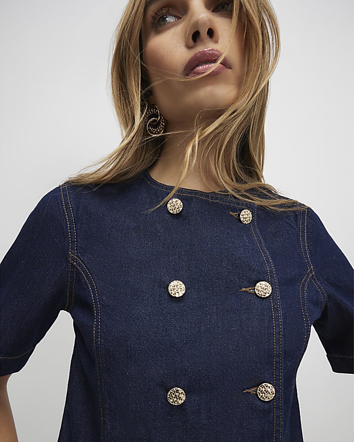 Navy Button Front Denim Shirt