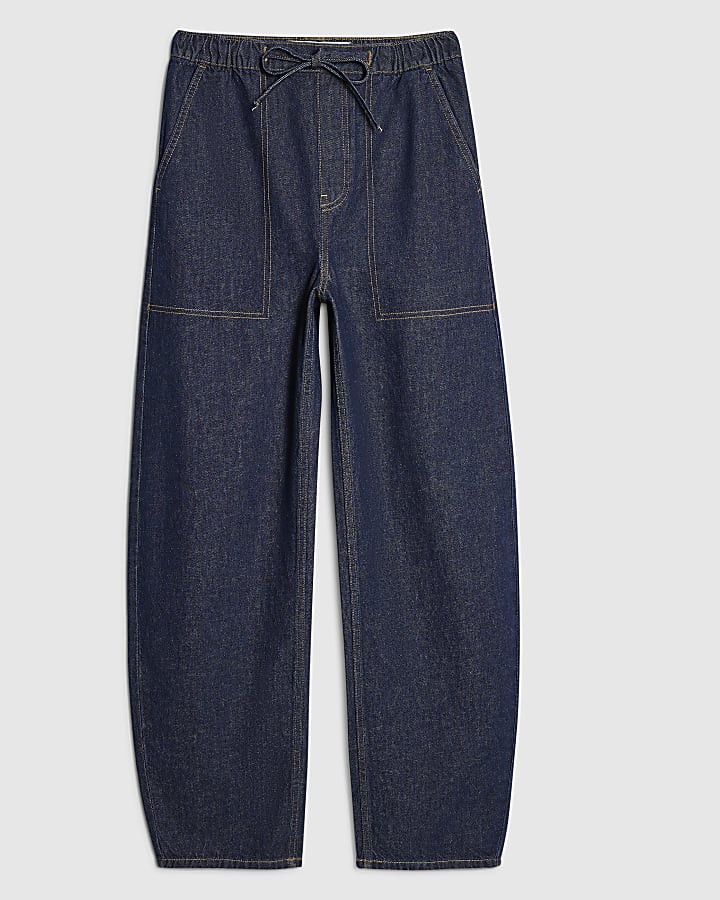 Blue Tie Waist Barrel Leg Jeans