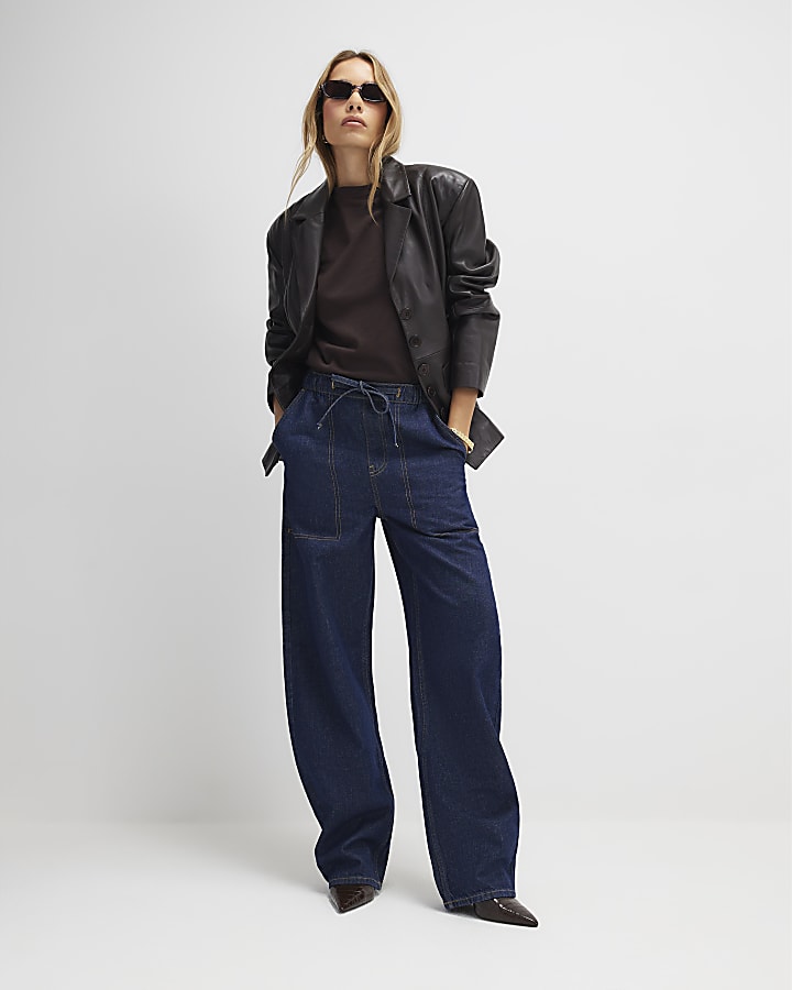 Blue Tie Waist Barrel Leg Jeans