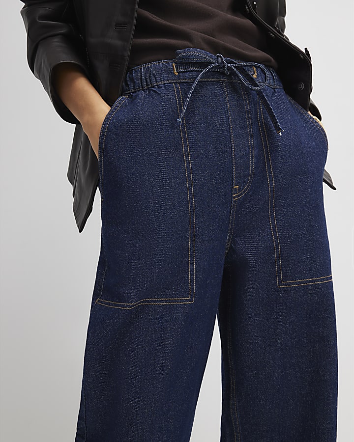 Blue Tie Waist Barrel Leg Jeans