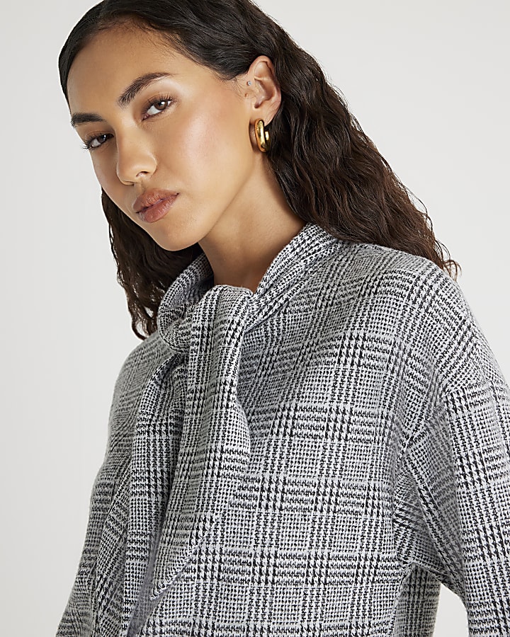Grey Check Print Long Sleeve Scarf Neck Top
