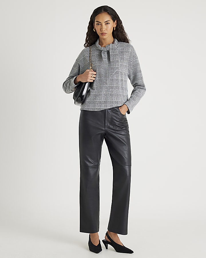 Grey Check Print Long Sleeve Scarf Neck Top